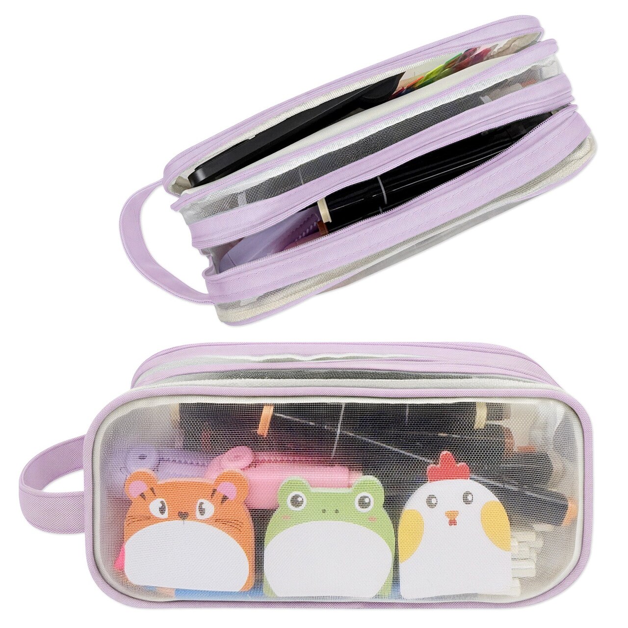 Wrapables 2 Compartment Large Grid Transparent Mesh Pencil Case, Pencil Pouch for Stationery Tools, Makeup, and Travel, Purple